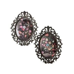 Vintage Floral Still Life Art Pair: Rococo Oval Metal Frames, Matching Pair